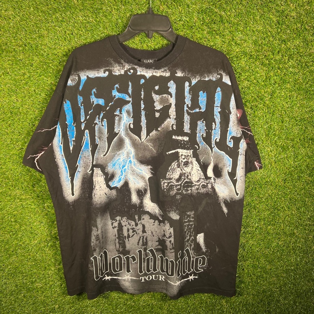 BoohooMAN Worldwide Tour Graphic T-Shirt Mens L Black Blue‎ Lightning Oversized